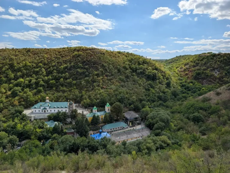Saharna Monastery complex viewed from hilltop cross viewpoint, Moldova