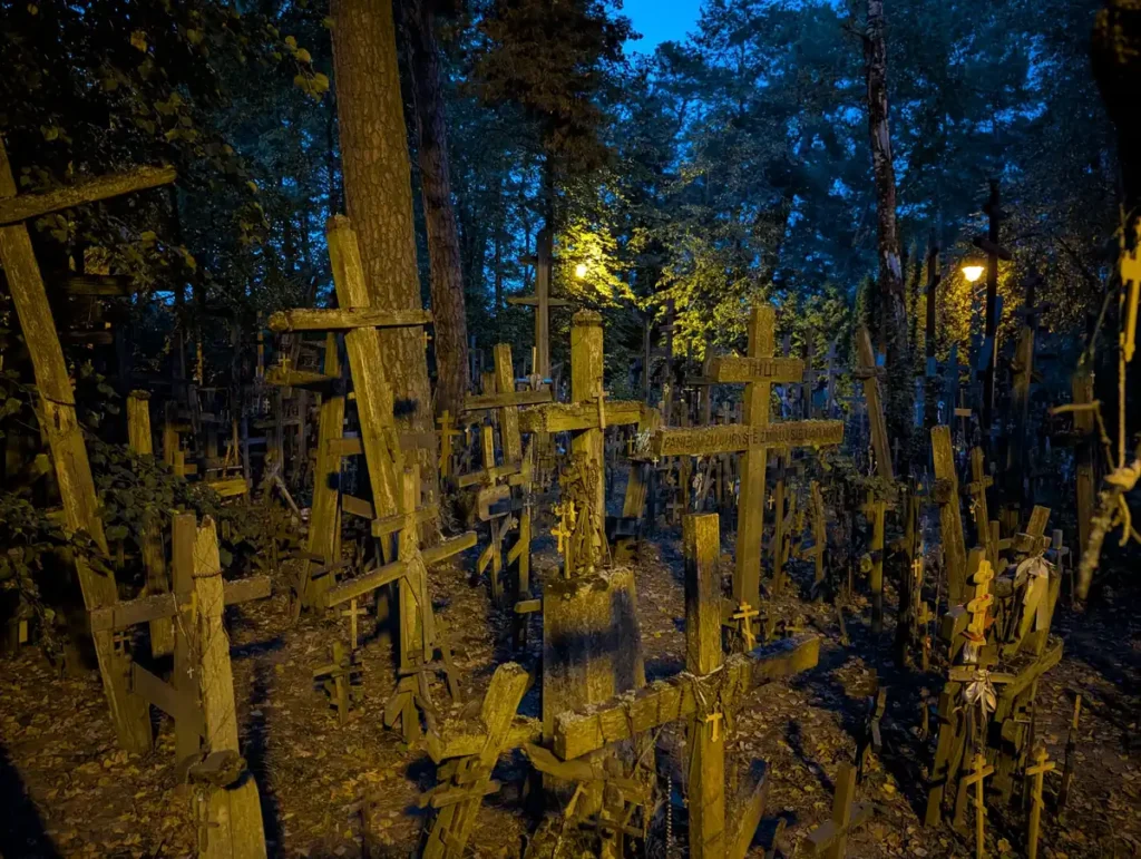 Hundreds of wooden Orthodox crosses at Święta Góra Grabarka pilgrimage site in Podlasie, Poland, photographed at night