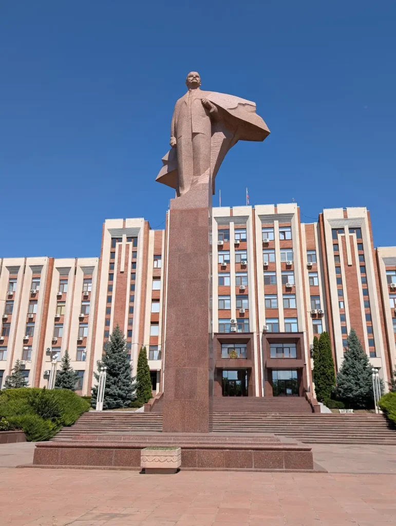 Lenin monument standing in front of government building in Tiraspol city center, Transnistria