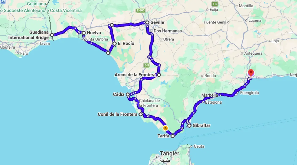 Map of an Andalusia road trip route from Portugal to Malaga through Huelva, Seville, Cádiz, Tarifa and Gibraltar