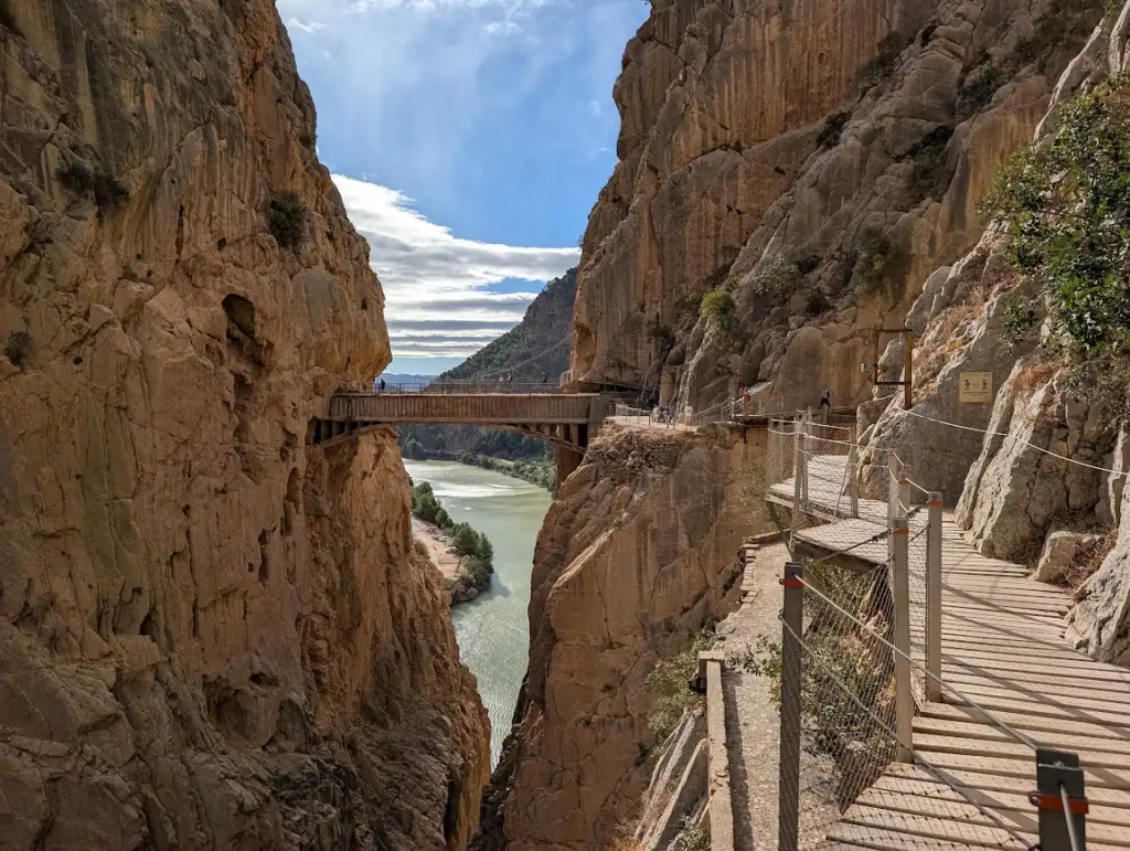 Caminito del Rey suspended bridge over the canyon with river below
