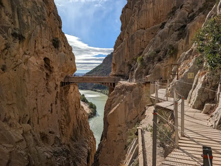 Caminito del Rey suspended bridge over the canyon with river below