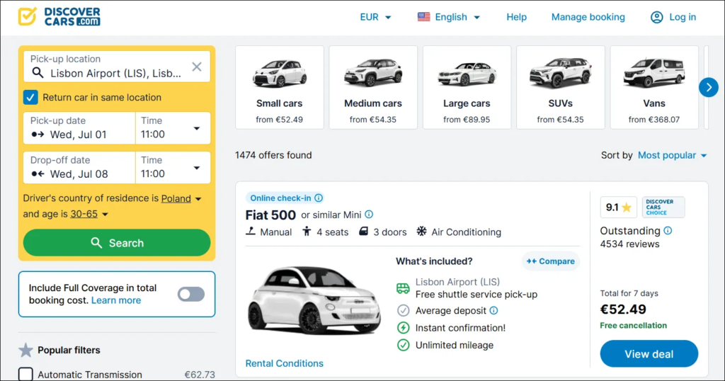 DiscoverCars search results for Lisbon Airport showing a Fiat 500 rental at €52.49 for 7 days with a 9.1 Outstanding rating and free cancellation.