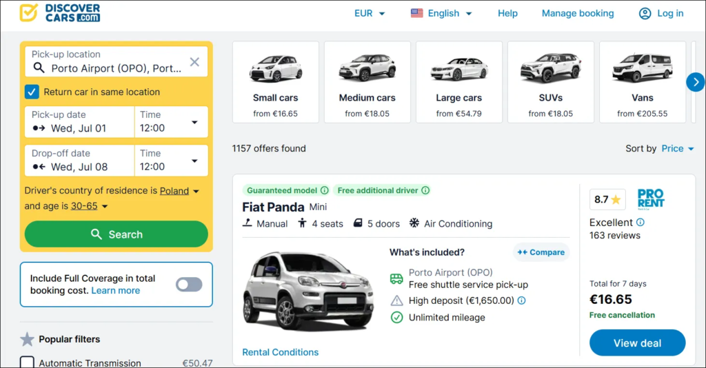 DiscoverCars search results showing a Fiat Panda rental at Porto Airport for €16.65 total over 7 days, July 2026
