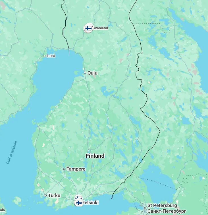Route map of Finland showing two stops: Helsinki in the south and Rovaniemi in the north