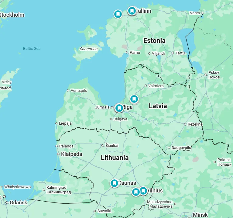 Route map showing stops across Lithuania, Latvia and Estonia: Kaunas, Vilnius, Trakai, Riga, Sigulda, Tallinn and Paldiski