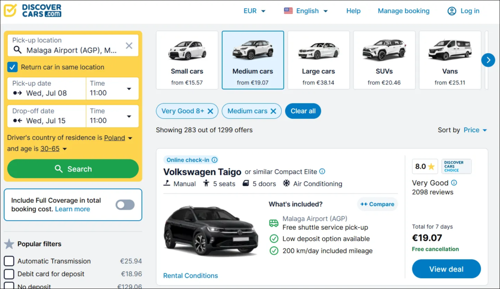 DiscoverCars search results for Malaga Airport showing medium car rentals from €19.07