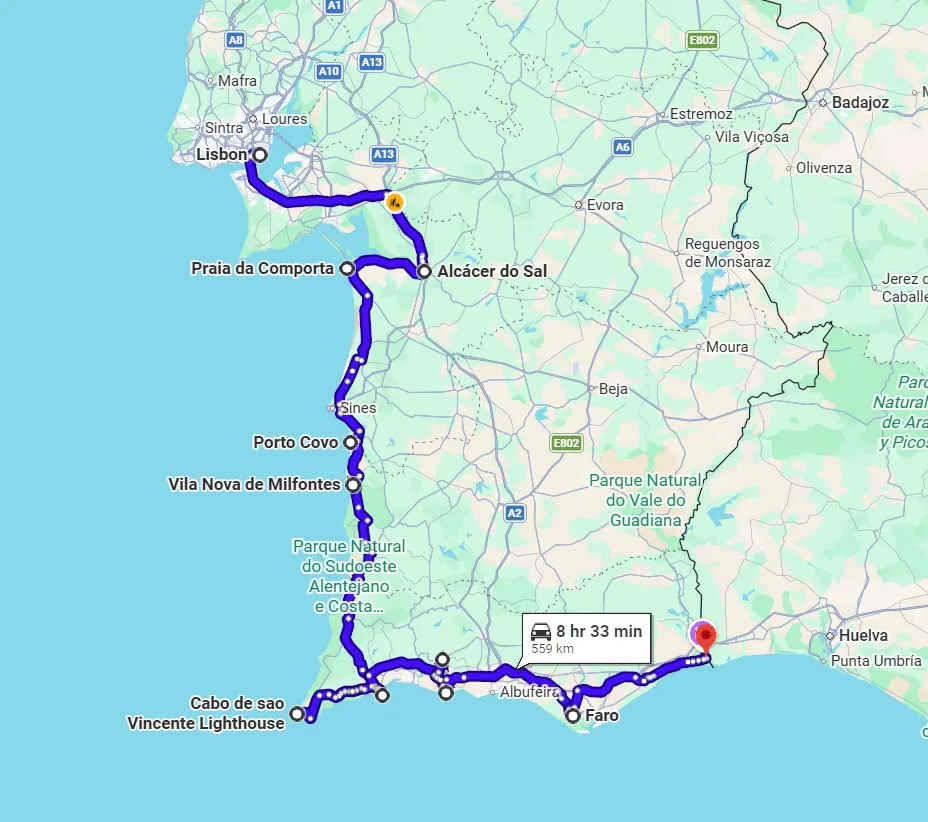 Google Maps route from Lisbon south along the Atlantic coast through Alentejo and Algarve to the Spanish border, with stops at Alcácer do Sal, Praia da Comporta, Porto Covo, Vila Nova de Milfontes, Cabo de São Vicente, Albufeira, Faro, and the Guadiana border crossing.