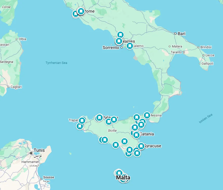 Route map showing stops across Rome, Naples, Sicily, and Malta