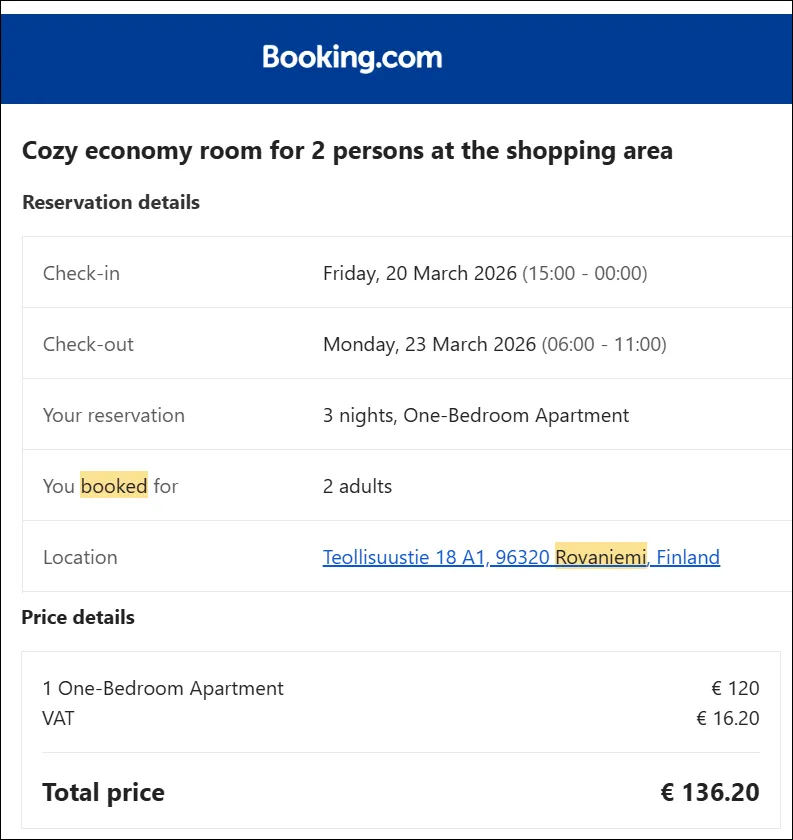 Booking.com confirmation for a one-bedroom apartment in Rovaniemi, Finland – 3 nights, 2 adults, €136.20 total