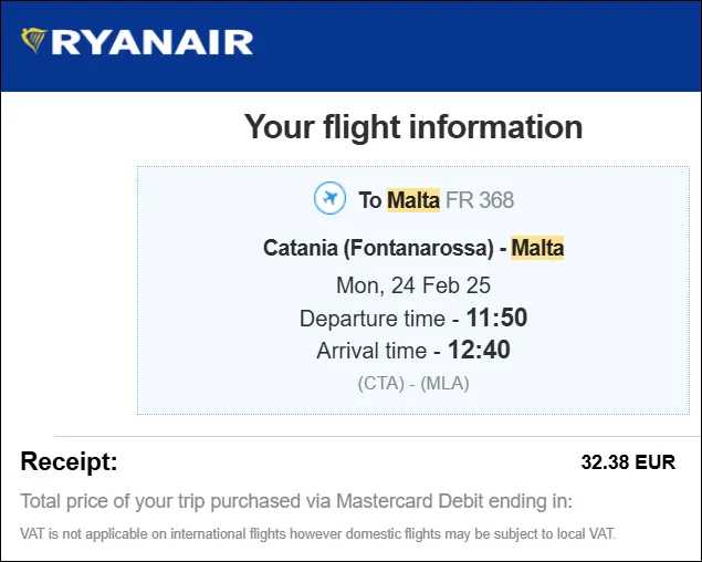 Ryanair flight receipt for Catania to Malta, €32.38 for two people, February 2025