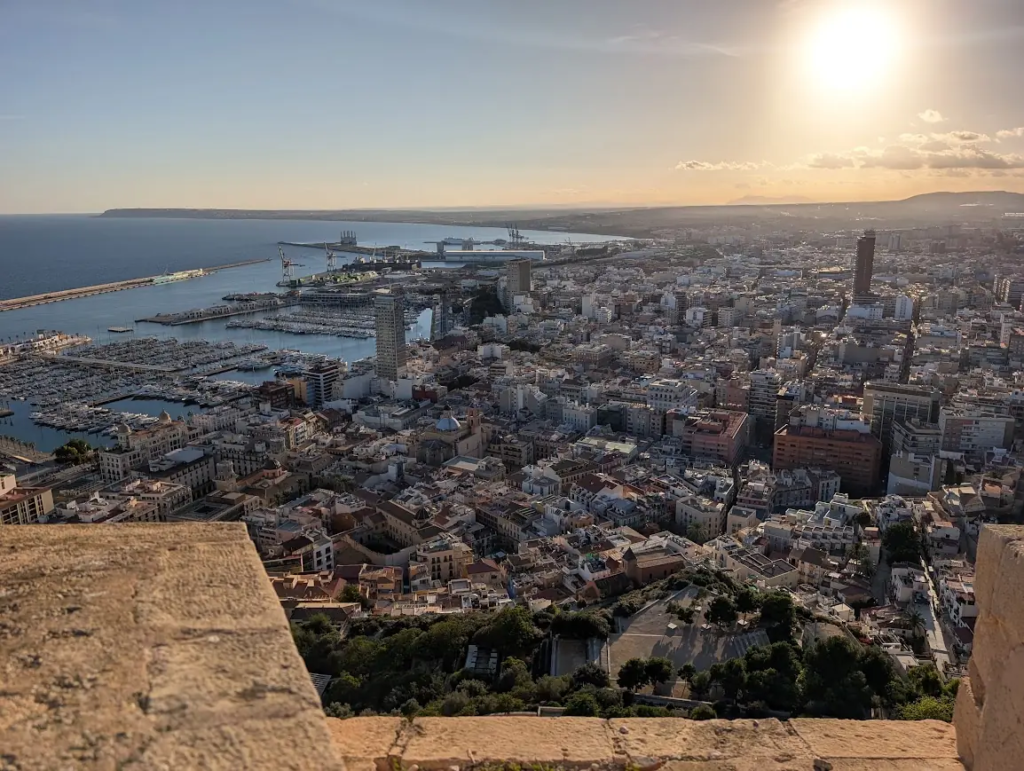 Aerial view of Alicante, Spain, and its marina at sunset from Castle of Santa Barbara