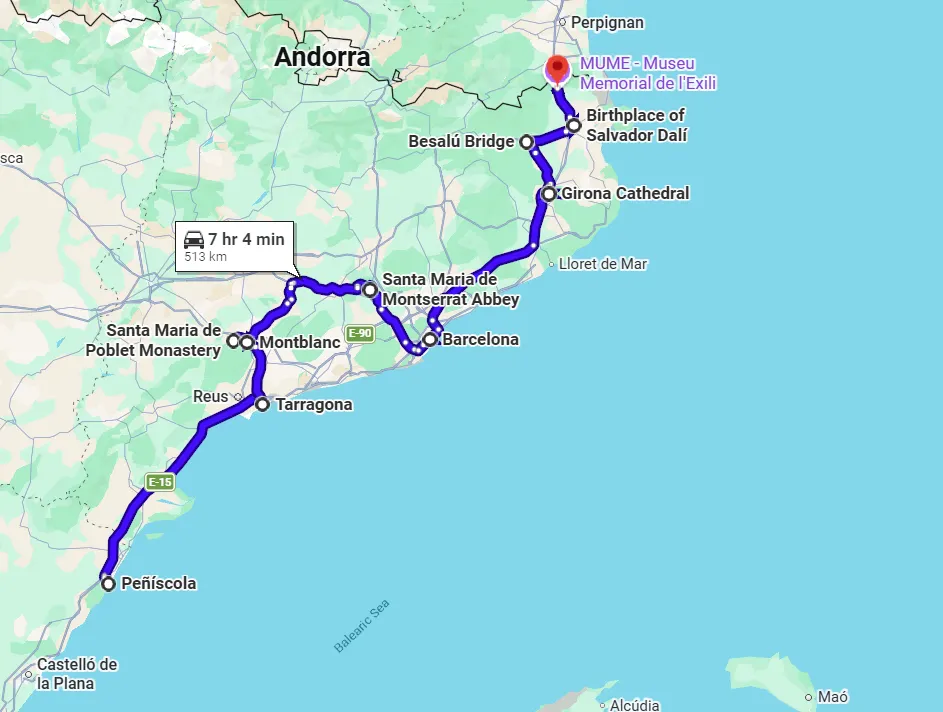 Map of a Catalonia road trip route from Peñíscola through Tarragona, Montblanc, Montserrat, Barcelona, Girona, Besalú and the France border near Figueres