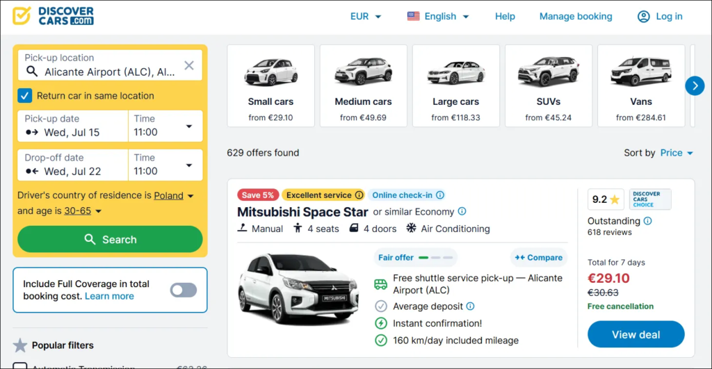 DiscoverCars search results for Alicante Airport car rental, small car from €29.10 for 7 days