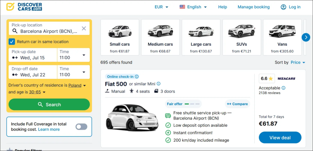 DiscoverCars small car rental prices at Barcelona Airport starting from €61.87 for 7 days