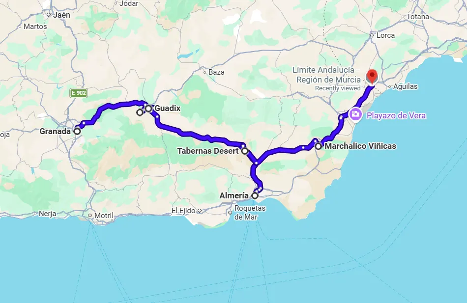 Road trip route map from Granada through Guadix and the Tabernas Desert to Almeria, ending near Playazo de Vera at the Murcia border