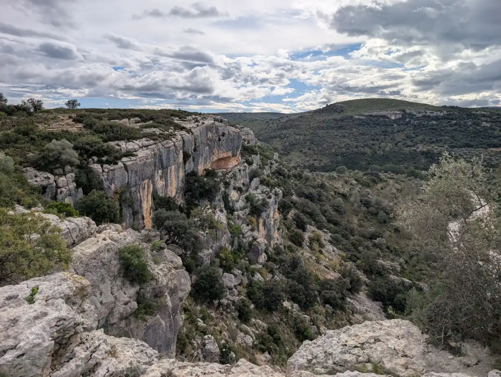 Rocky cliff and valley landscape near Museo de la Valltorta, home to prehistoric rock art in Spain