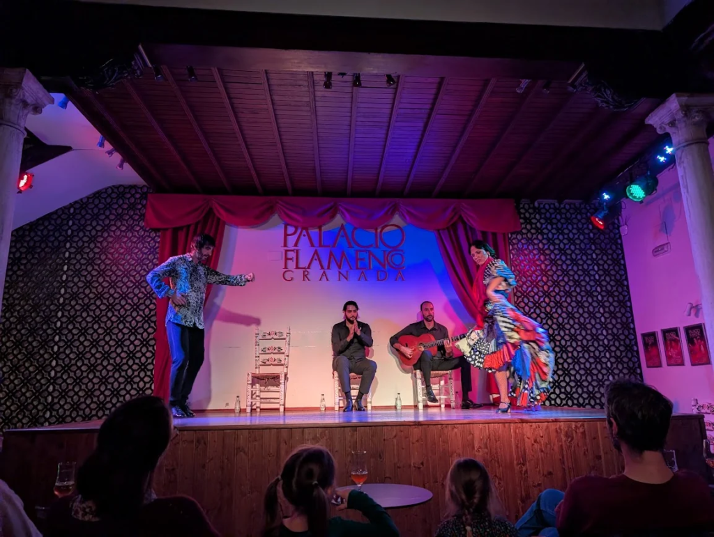 Flamenco dancer and guitarist performing on stage at Palacio Flamenco Granada