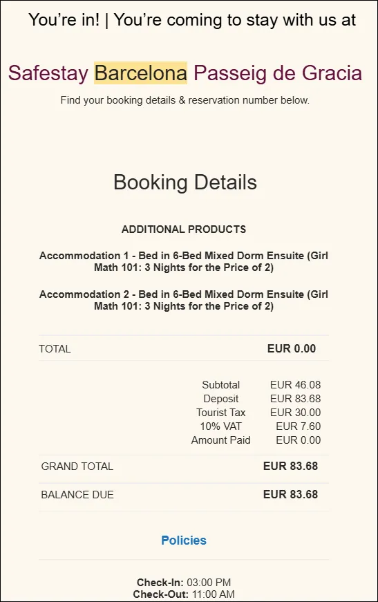 Safestay Barcelona Passeig de Gracia hostel booking confirmation showing dorm bed price and tourist tax