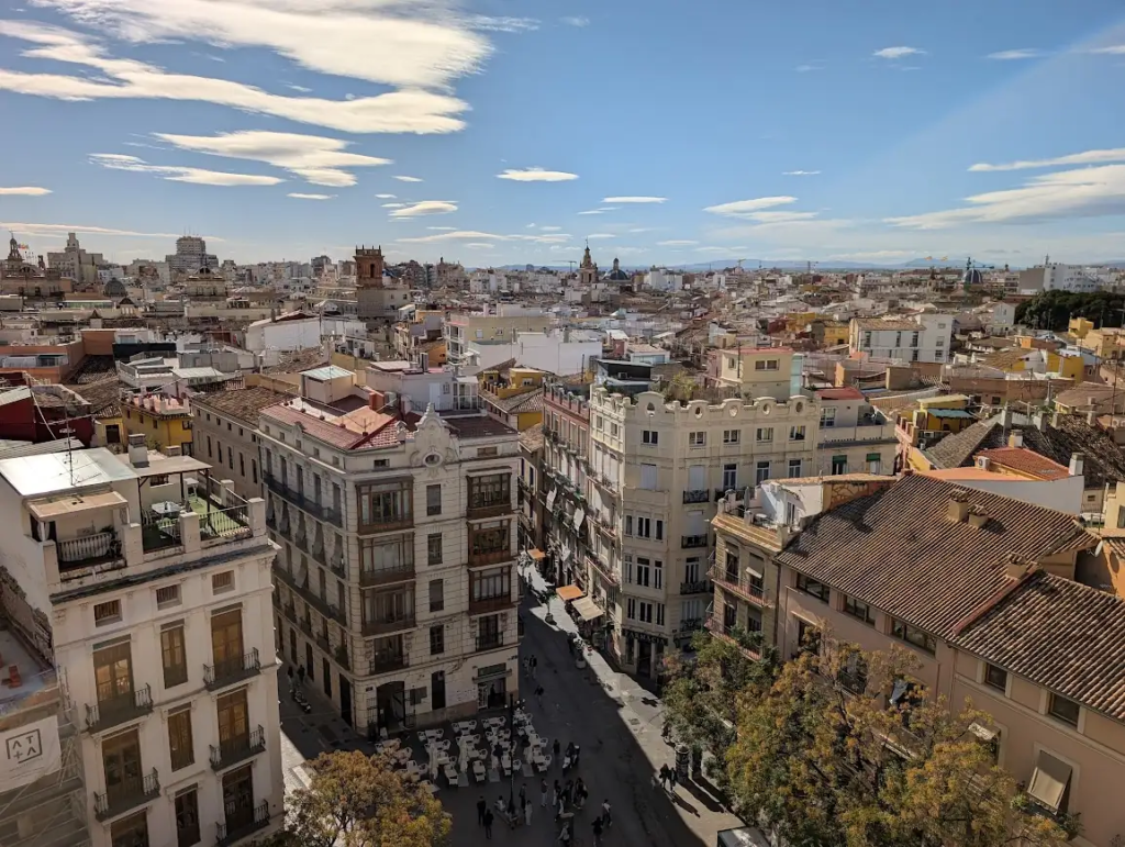 Rooftop view over Valencia's old town, Spain, from the top of Torres de Serranos city gate