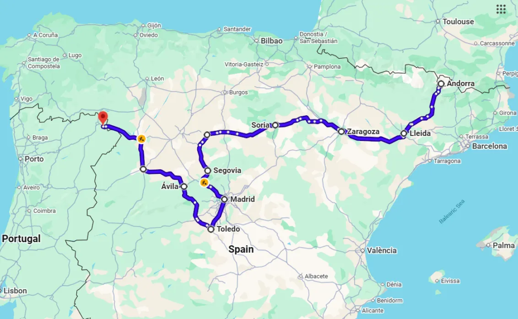 Google Maps route from Andorra through Lleida, Zaragoza, Soria, Segovia, Madrid, Toledo and Ávila to the Portuguese border near Zamora