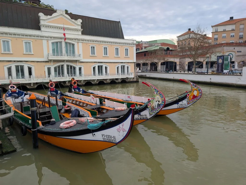Colorful moliceiro boats moored in a canal in Aveiro, Portugal