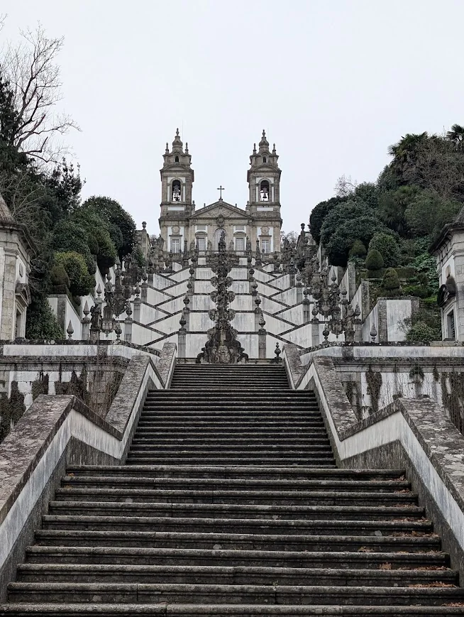 Zigzagging baroque stairway leading up to the twin-towered church at Bom Jesus do Monte in Braga, Portugal