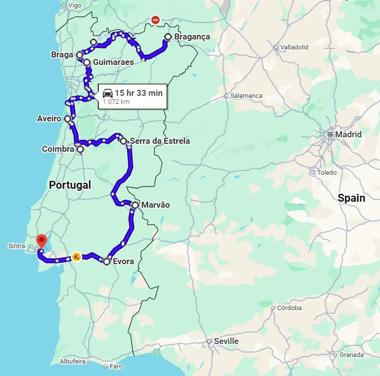Google Maps route through Portugal from Bragança via Braga, Guimarães, Aveiro, Coimbra, Serra da Estrela, Marvão and Évora to Lisbon, 1,072 km by car