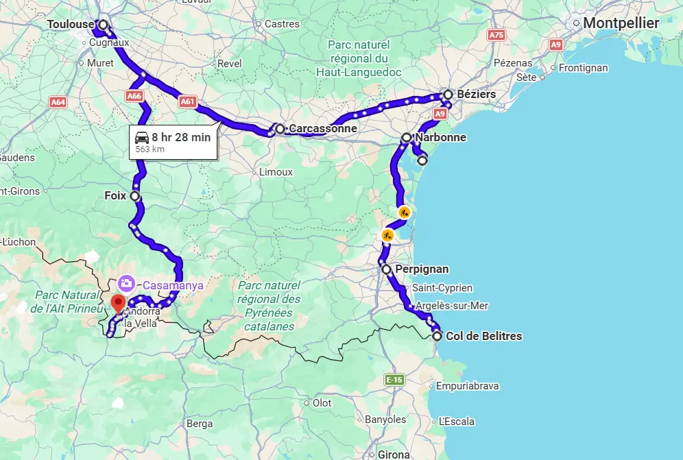 Google Maps route from Perpignan through Narbonne, Béziers, Carcassonne, and Toulouse to Andorra