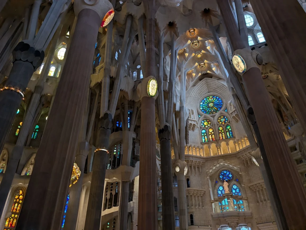 Interior of Sagrada Familia showing tree-like stone columns and stained glass windows casting colored light, Barcelona