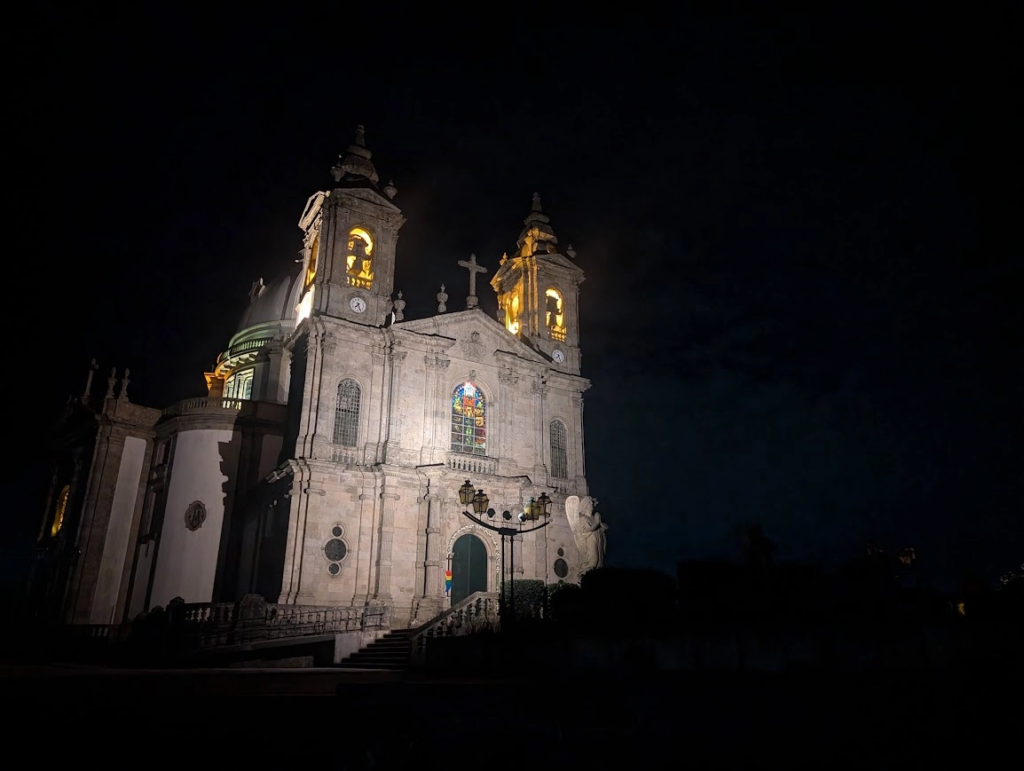 Baroque Sanctuary of Our Lady of Sameiro near Braga, Portugal, lit up at night
