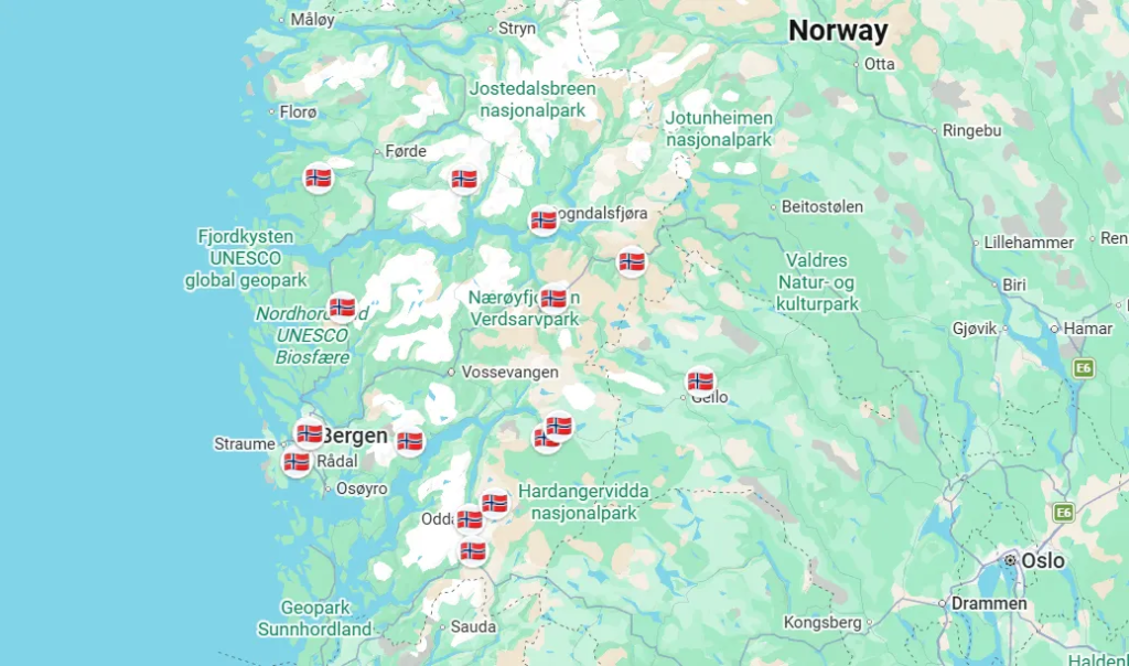 Map of western Norway with pins marking a 4-day rental car route from Bergen through Odda, Aurland, Lærdal, and Gaularfjellet