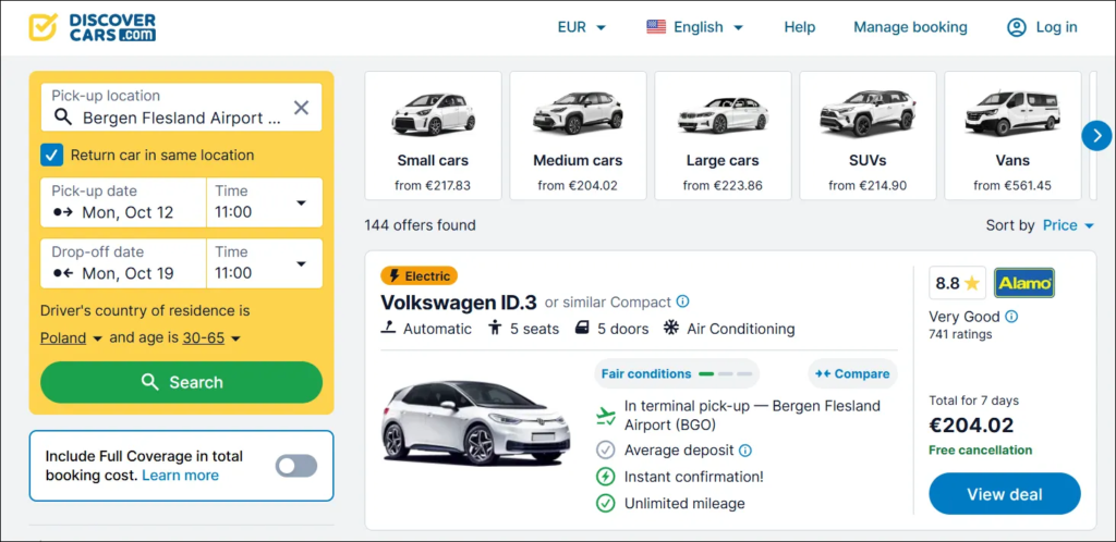 DiscoverCars search results for Bergen Flesland Airport, October 12–19, showing an electric Volkswagen ID.3 or similar from Alamo for €204.02 for 7 days with an 8.8 Very Good rating and free cancellation.