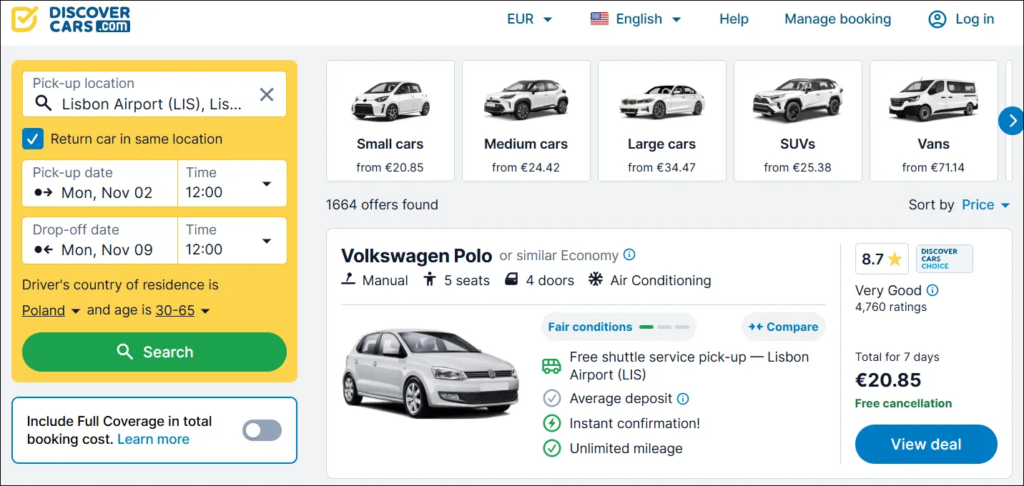 DiscoverCars search results showing a Volkswagen Polo rental at Lisbon Airport for €20.85 total over 7 days, November 2026
