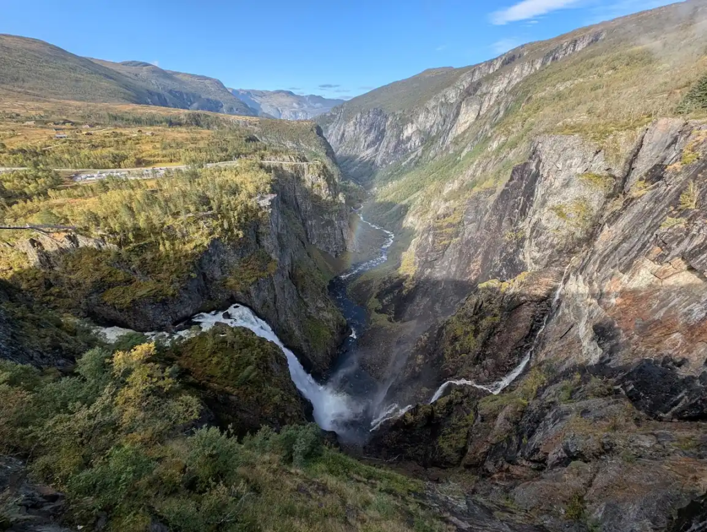 Vøringsfossen waterfall dropping into a deep canyon near Eidfjord in Norway on a clear September morning